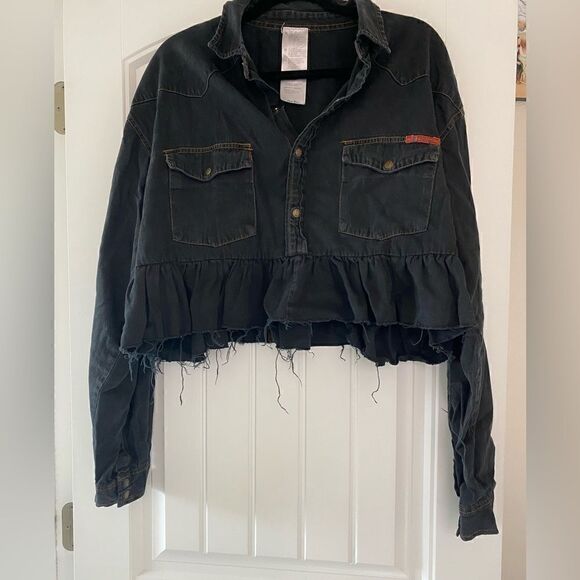 No Brand Jackets & Blazers - Grunge Cropped Denim Ruffle Jacket